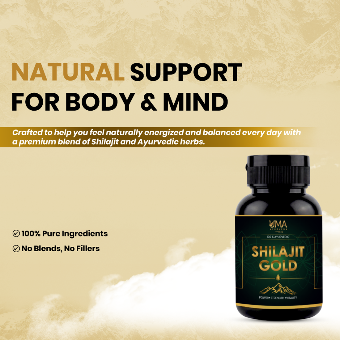 Shilajit Gold | Shilajit, Swarna, Rajat Bhasma & 7 Potent Herbs | 30 C